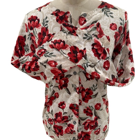 Karen Scott Red and Tan Floral Button Up Cardigan Sweater - Picture 5 of 8